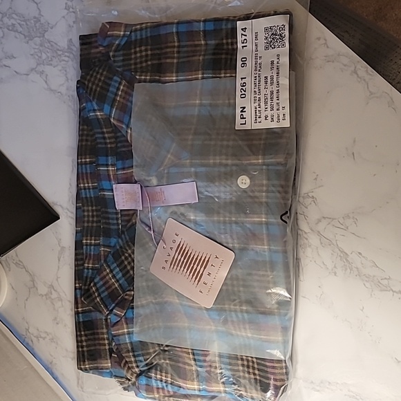 TIED UP TARTAN PJ RAW HEM SLEEP SHIRT BLUE ARUBA CANTERBURY PLAID 1X - Picture 6 of 9